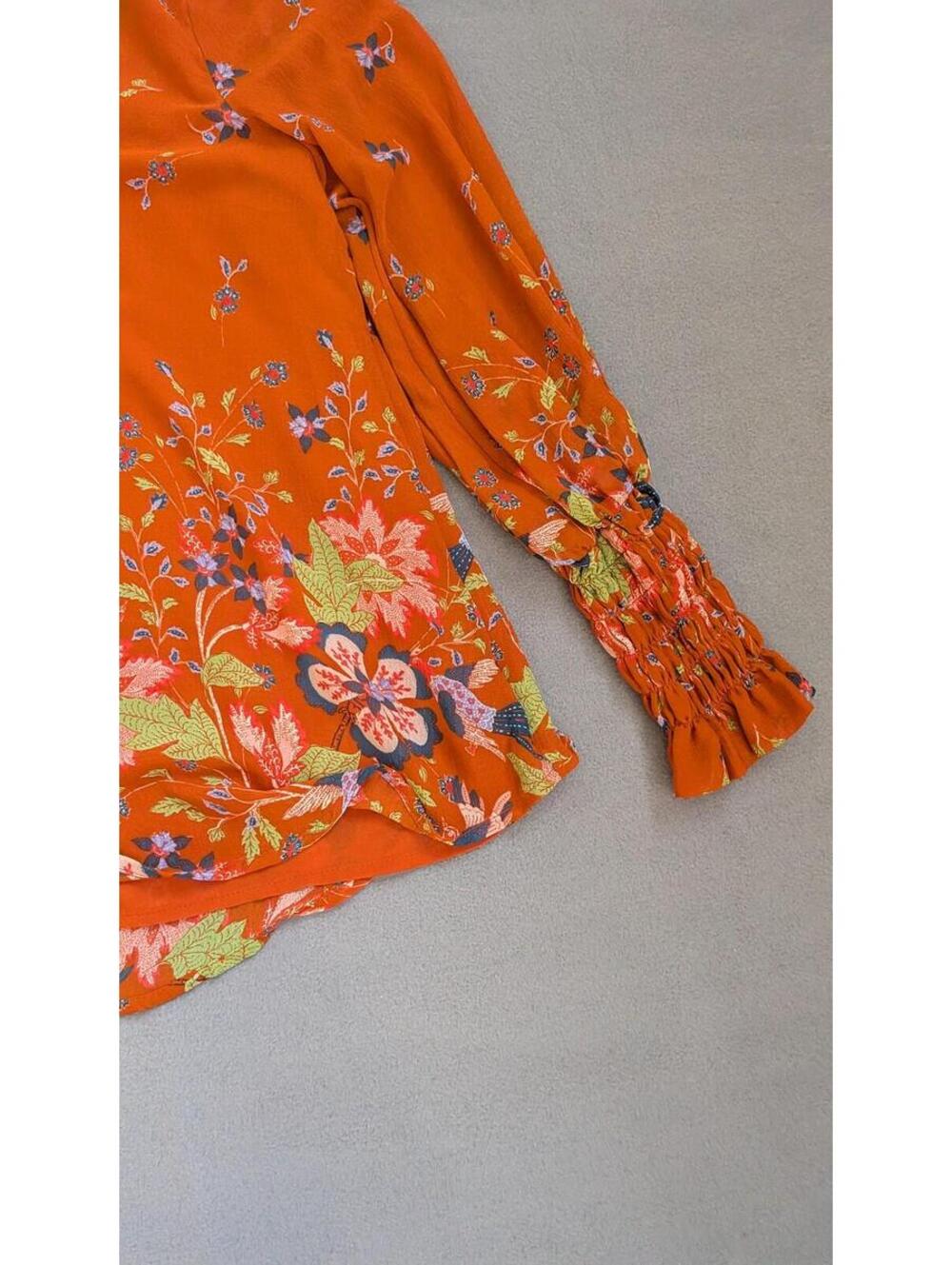 Anthropologie Blouse Womens M Orange Floral Ruffle Henley Long Sleeve Tunic Top - Picture 2 of 9
